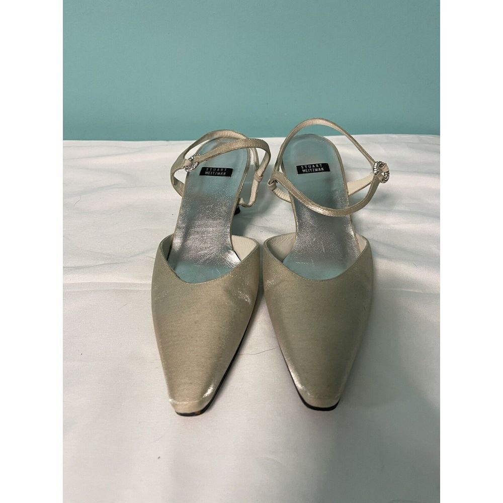 Stuart Weitzman Glistening Pointed Toe Ankle Strap Heels Beige Size 7.5M S-256‎